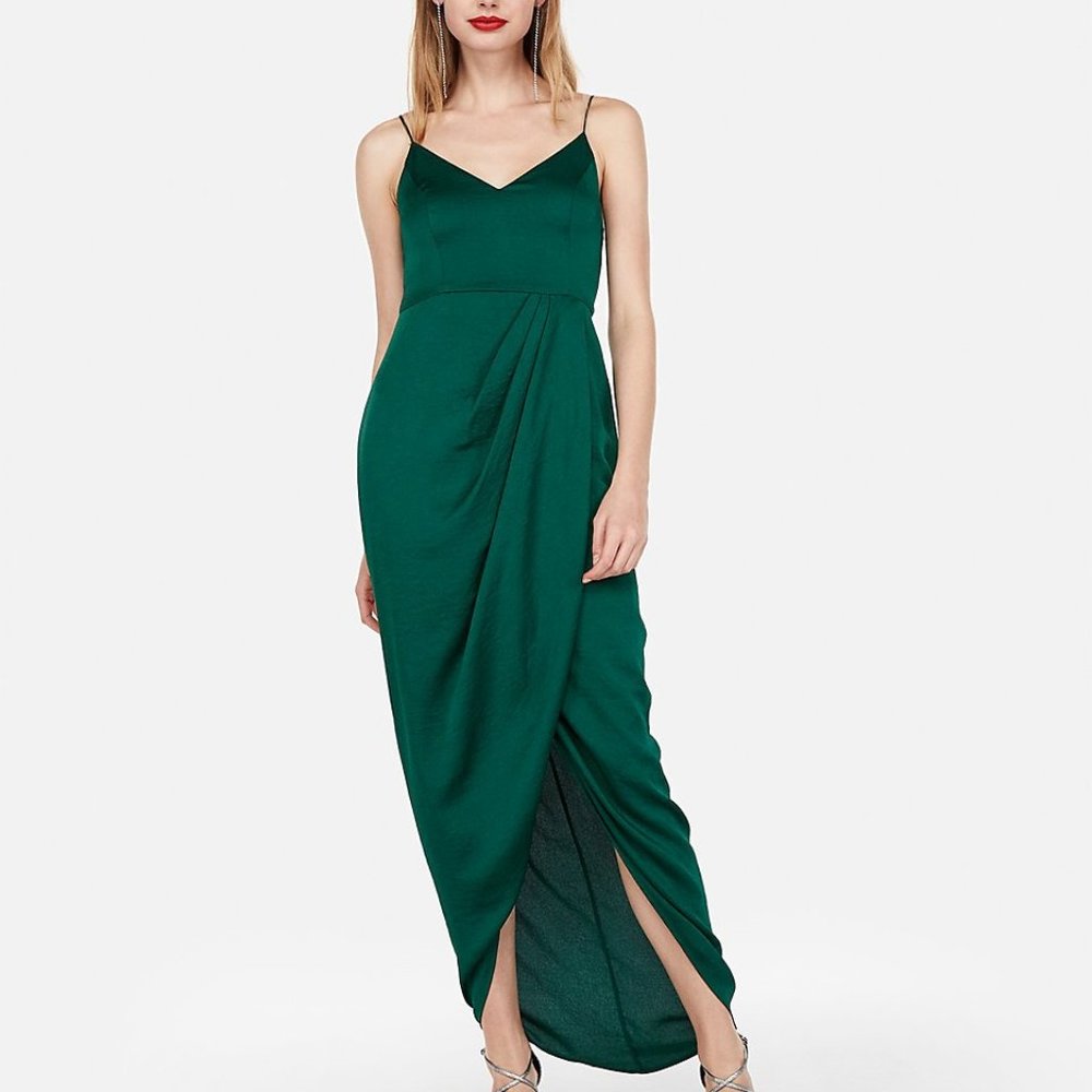 Express Satin Faux Wrap Maxi Dress In Green
